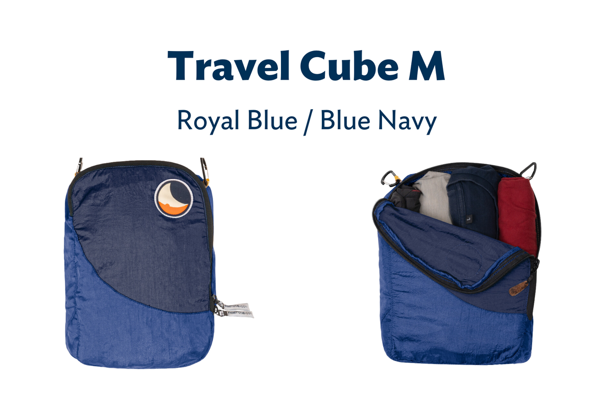 Travel Cube Medium (Custom) in Royal Blue and Blue Navy, shown closed and unzipped with rolled clothes inside