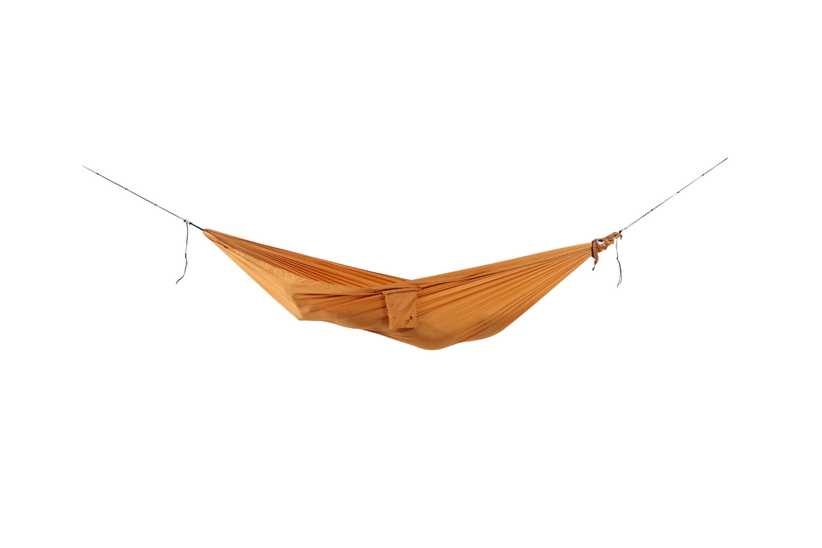 Travel Hammock Compact in Sand, hung empty, side view