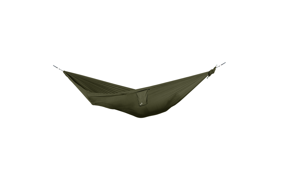 Travel Hammock Compact in Army Green, hung empty, side view