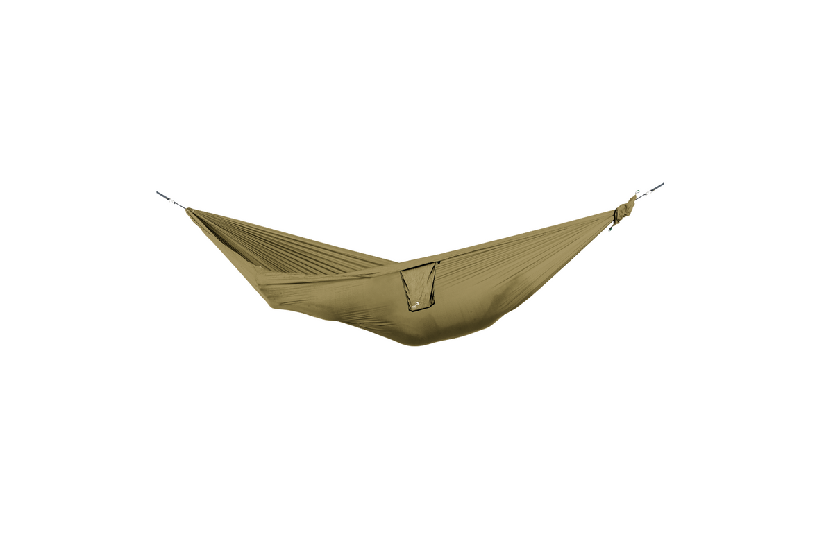 Travel Hammock Compact in Brown, hung empty, side view