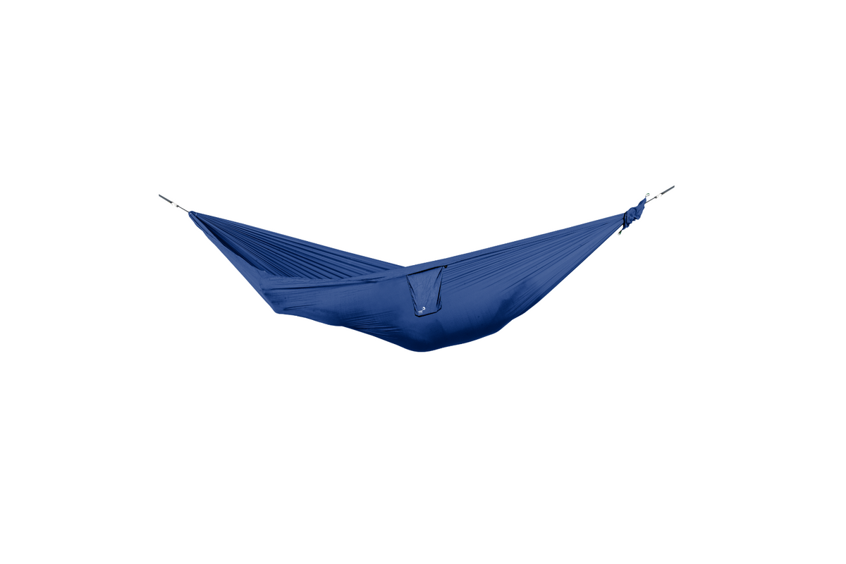 Travel Hammock Compact in Royal Blue, hung empty, side view