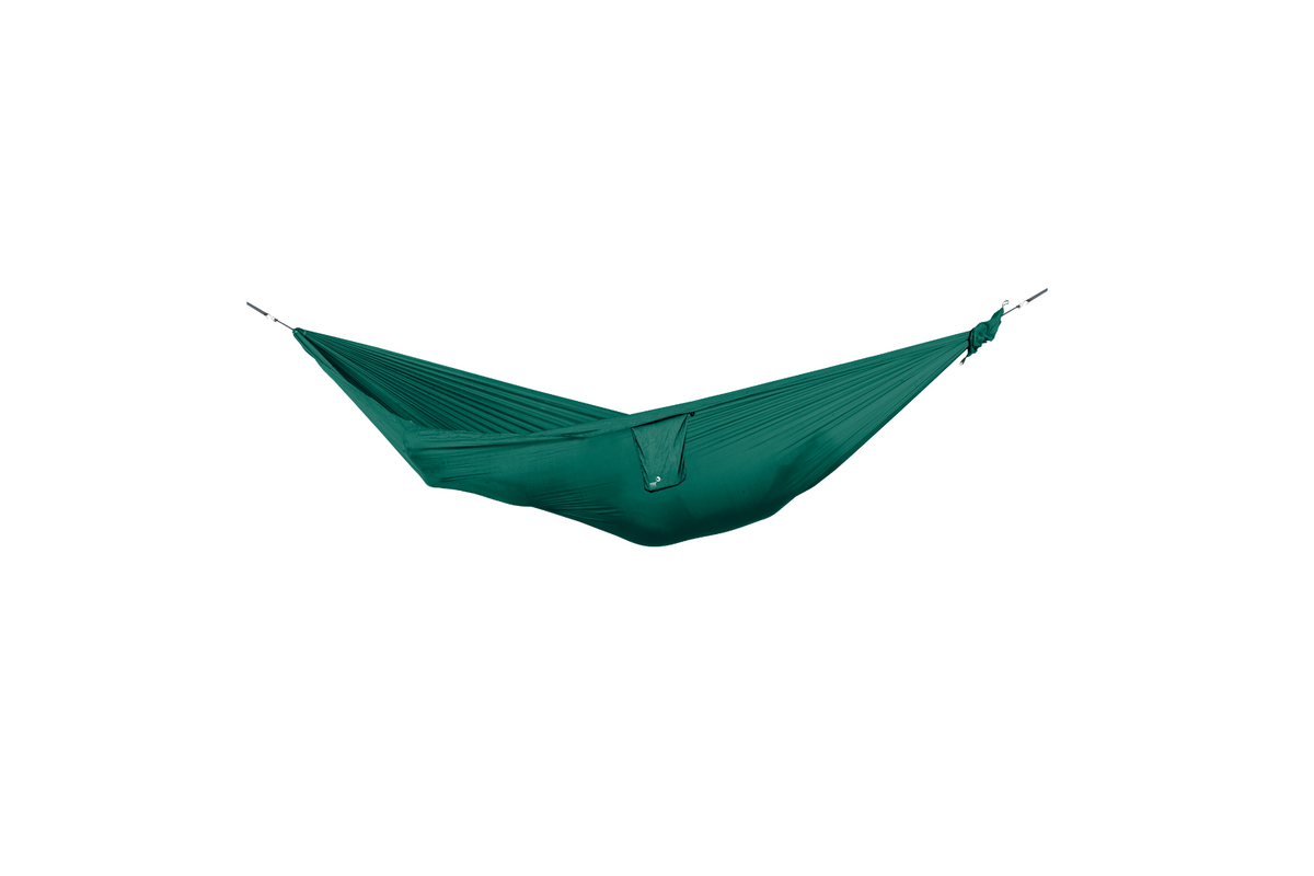Travel Hammock Compact in Dark Green, hung empty, side view