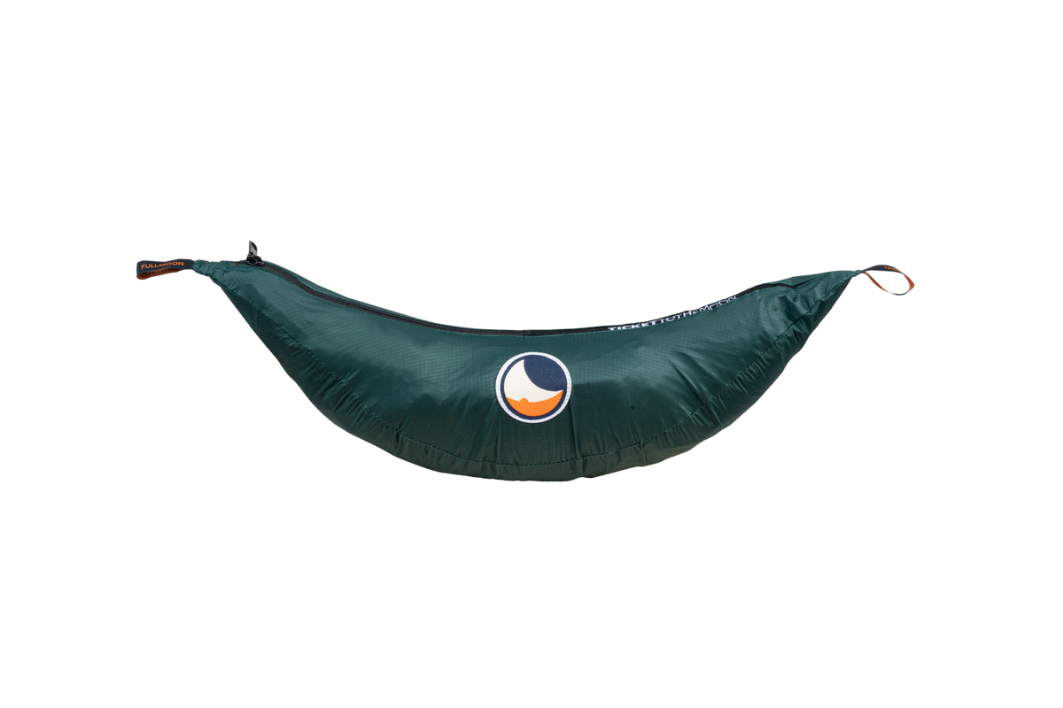 Dark green zipped hammock cover with the moon logo, shown with the FULLMOON TARP