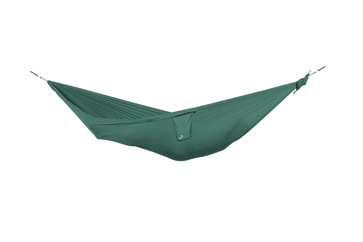 Travel Hammock Compact in forest green, hung empty, side view