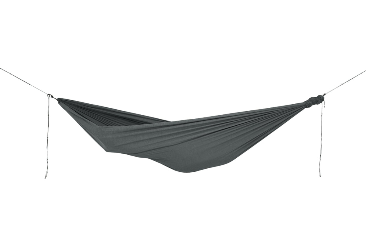 Home Hammock 320 in Moon Stone, hung empty between two ropes, side view