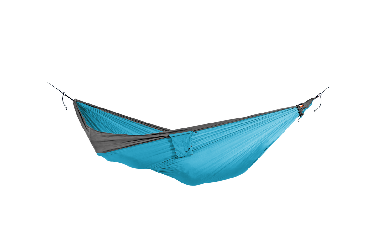 Travel Hammock King Size in Aqua and Dark Grey, hung empty, side view