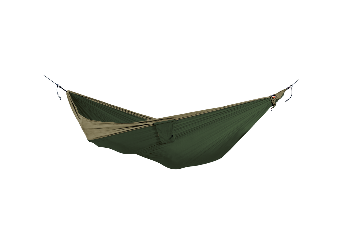 Travel Hammock King Size in Army Green and Brown, hung empty with its stuff sack attached, side view