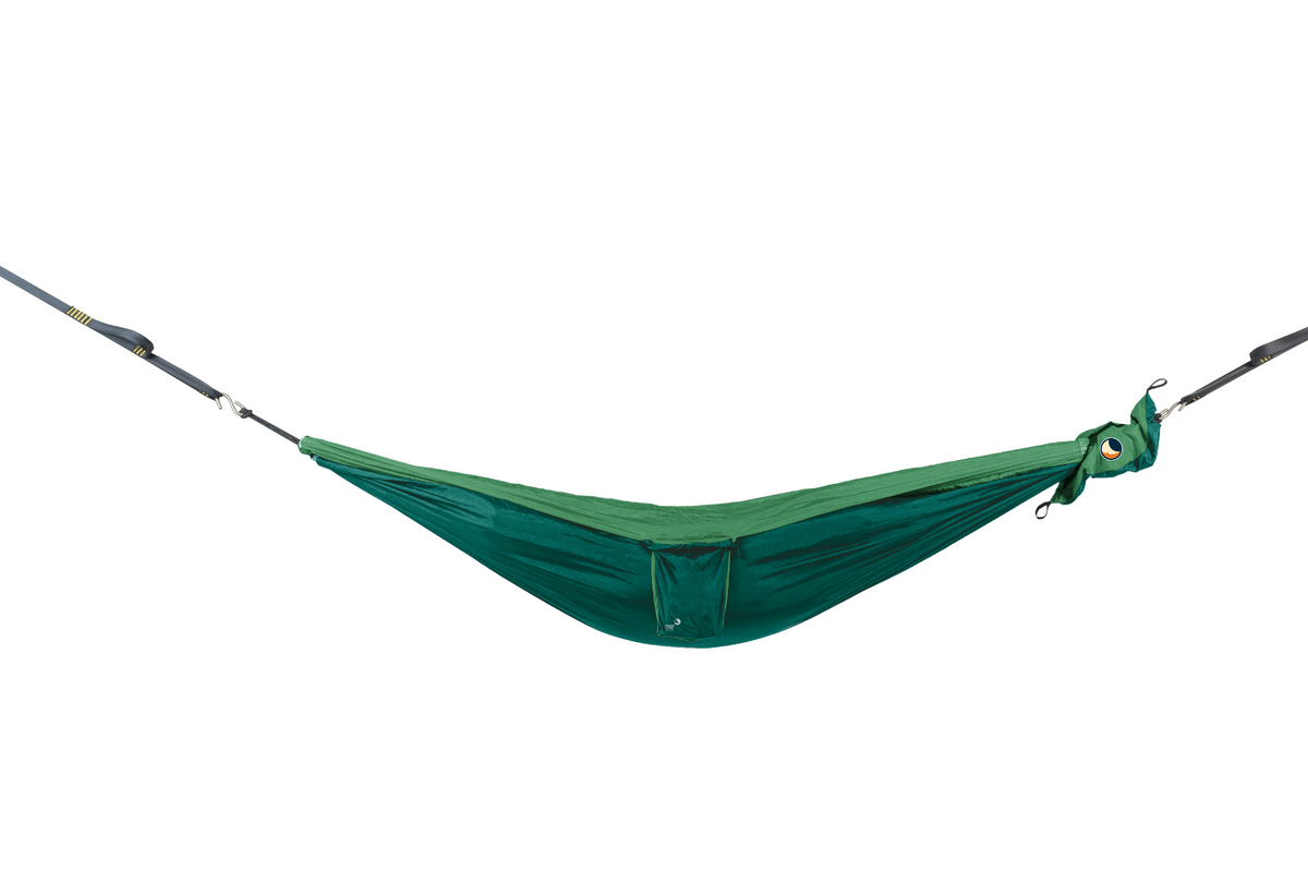 Travel Hammock Mini in Emerald Green and Green, hung empty between grey tree straps