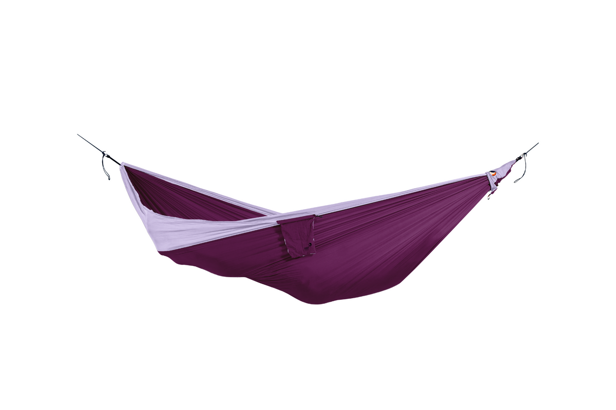 Travel Hammock King Size in Plum and Light Purple, hung empty with its stuff sack attached, side view