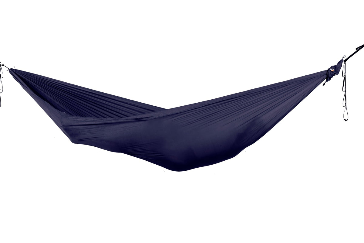 Lightest Hammock in navy, hung empty with whoopie slings, side view