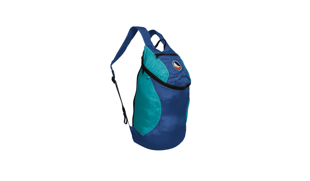 Mini Backpack 15L in Royal Blue and Aqua with a black zip, side view with shoulder strap
