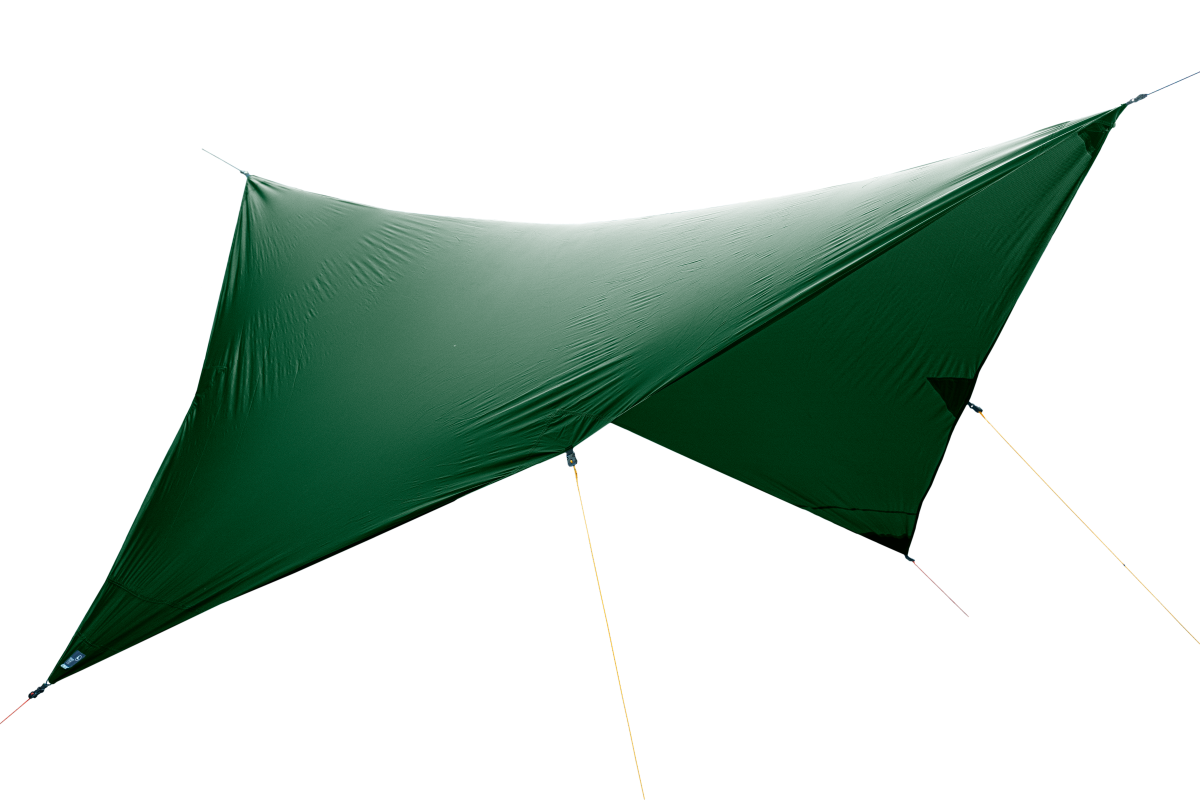 Lightest Tarp: green tarp pitched in a diamond shape with yellow guylines