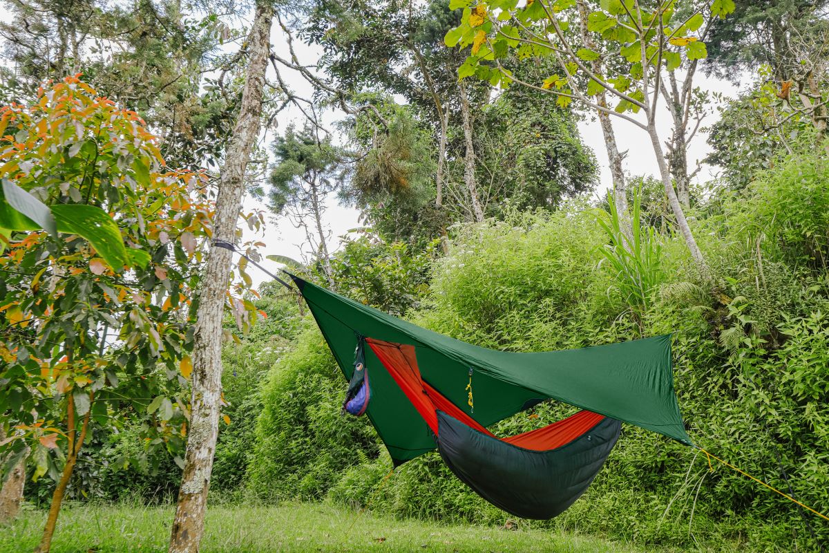 Moon Tarp in green pitched over an orange and dark grey hammock between trees in a lush garden