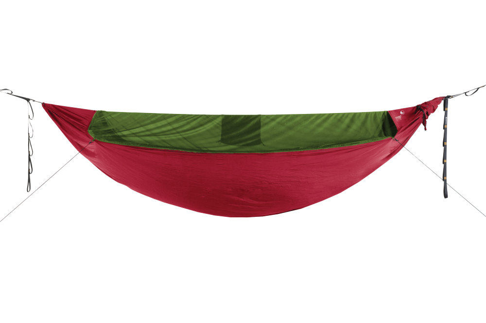 Pro Hammock (Custom) in red with a green bug net, hung between straps, side view