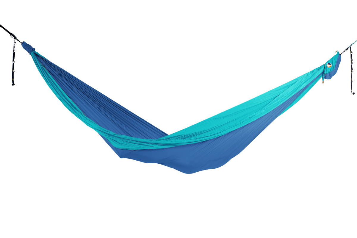 Travel Hammock Honeymoon in Royal Blue and Turquoise, hung empty, side view