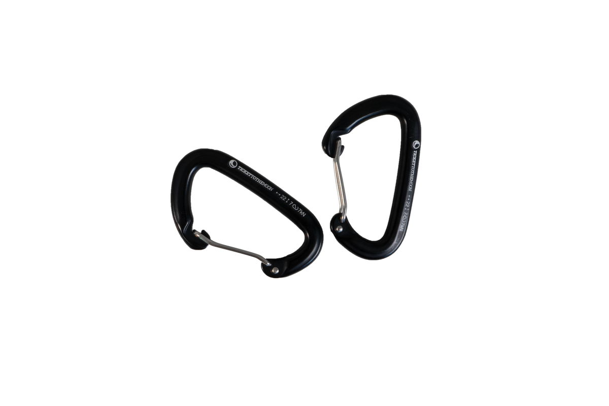 Two black Carabiner 22kN (2-Pack) with wire gates and laser-etched branding