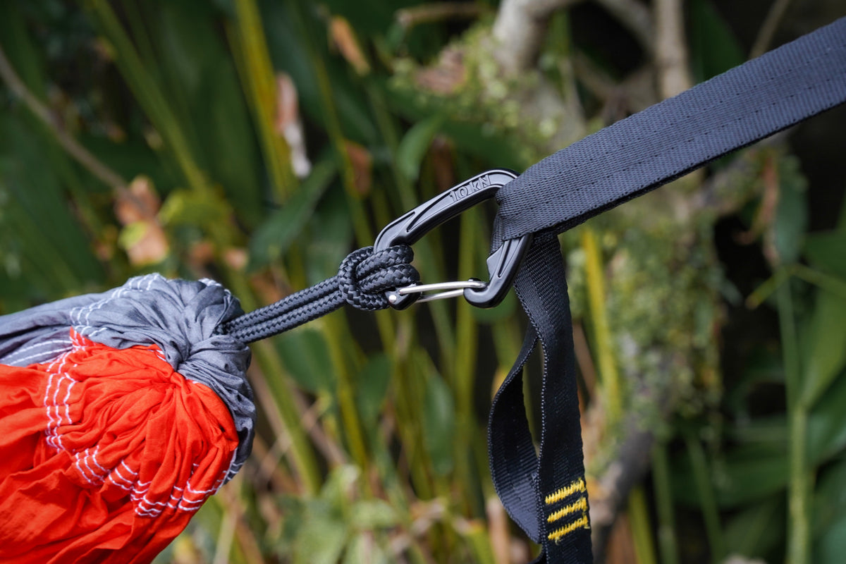 Carabiner 10kN (2-Pack) in black clipping a hammock's whipping to a black tree strap, close-up in the forest