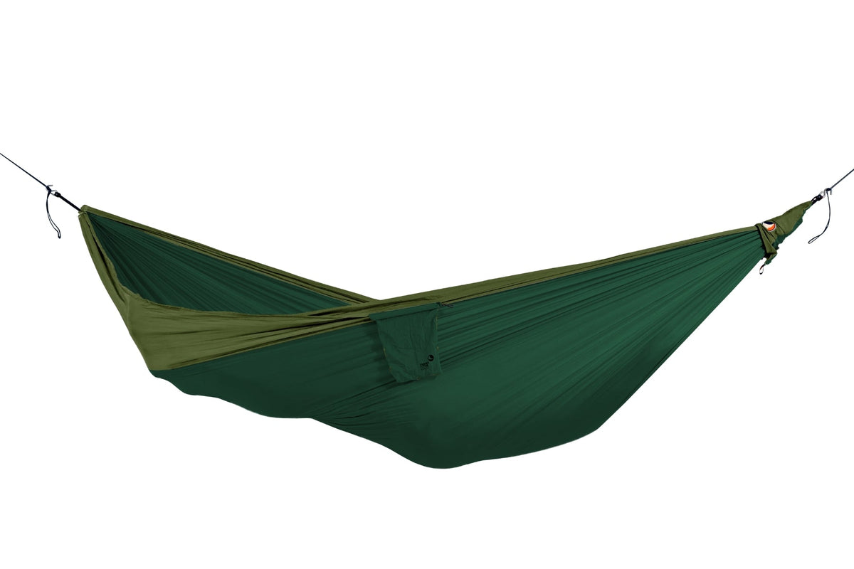 Travel Hammock King Size in dark green and olive, hung empty, side view