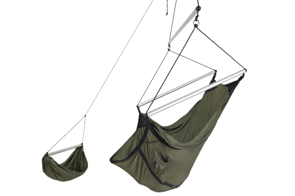 Moon Chair (Custom) in army green with aluminium spreader bars and a separate hanging footrest