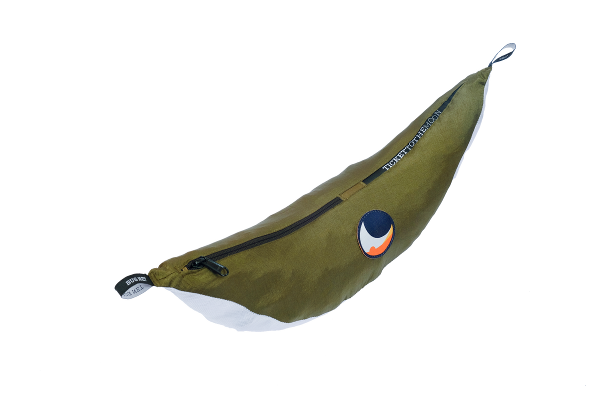 Universal Bug Net 360° packed in its olive zip pouch with Ticket To The Moon logo patch