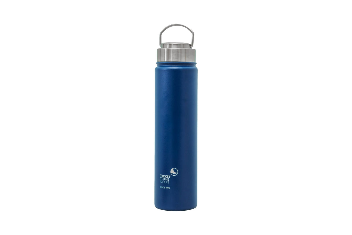 A blue insulated water bottle with a stainless steel lid and carrying loop, shown on a plain white background. The brand name 'Ticket to The Moon' is printed near the bottom.