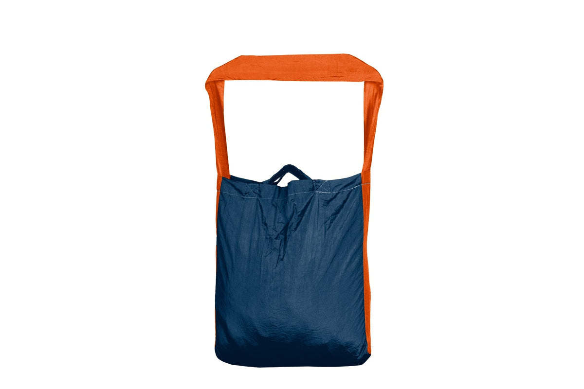 Moon Bag Large in Royal Blue and Orange, front view with orange shoulder strap