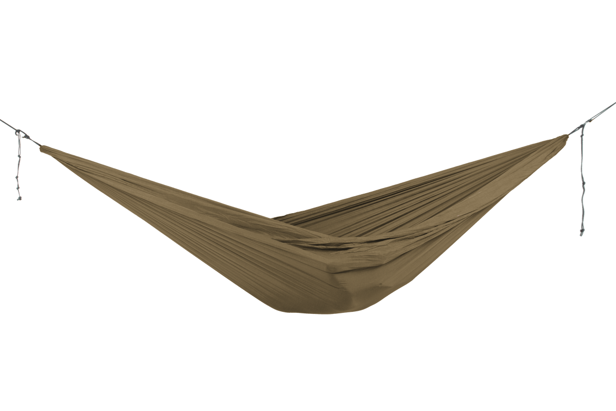 Home Hammock 420 in Olive Brown, hung empty, side view