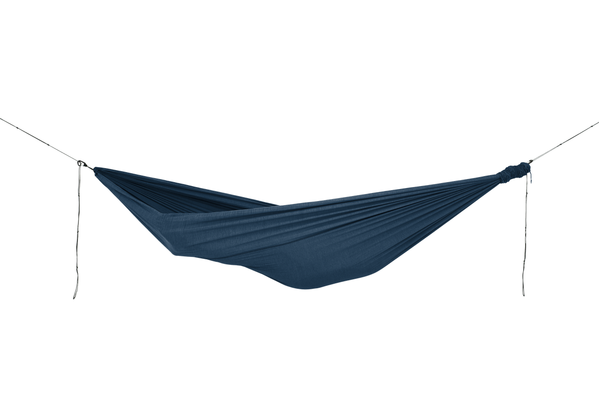 Home Hammock 320 in Deep Blue, hung empty, side view