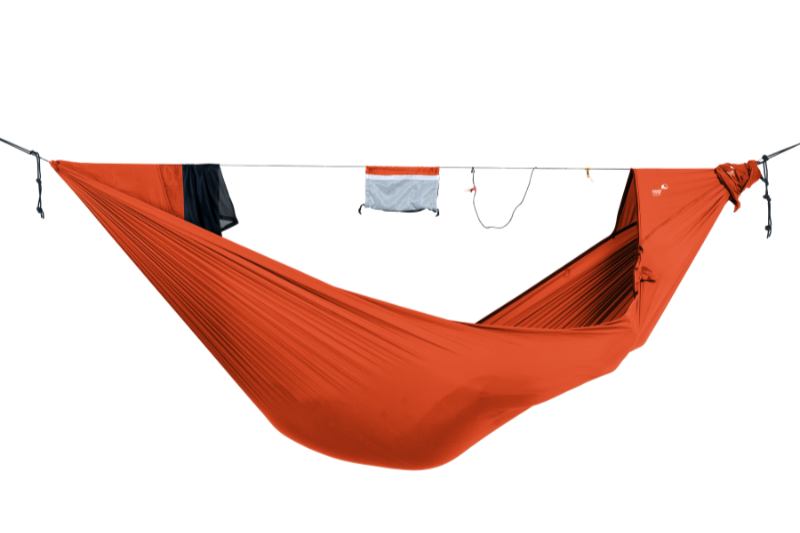 Pro Hammock Lightest (Custom) in orange with ridgeline, hanging organiser pouch and tucked-away bug net