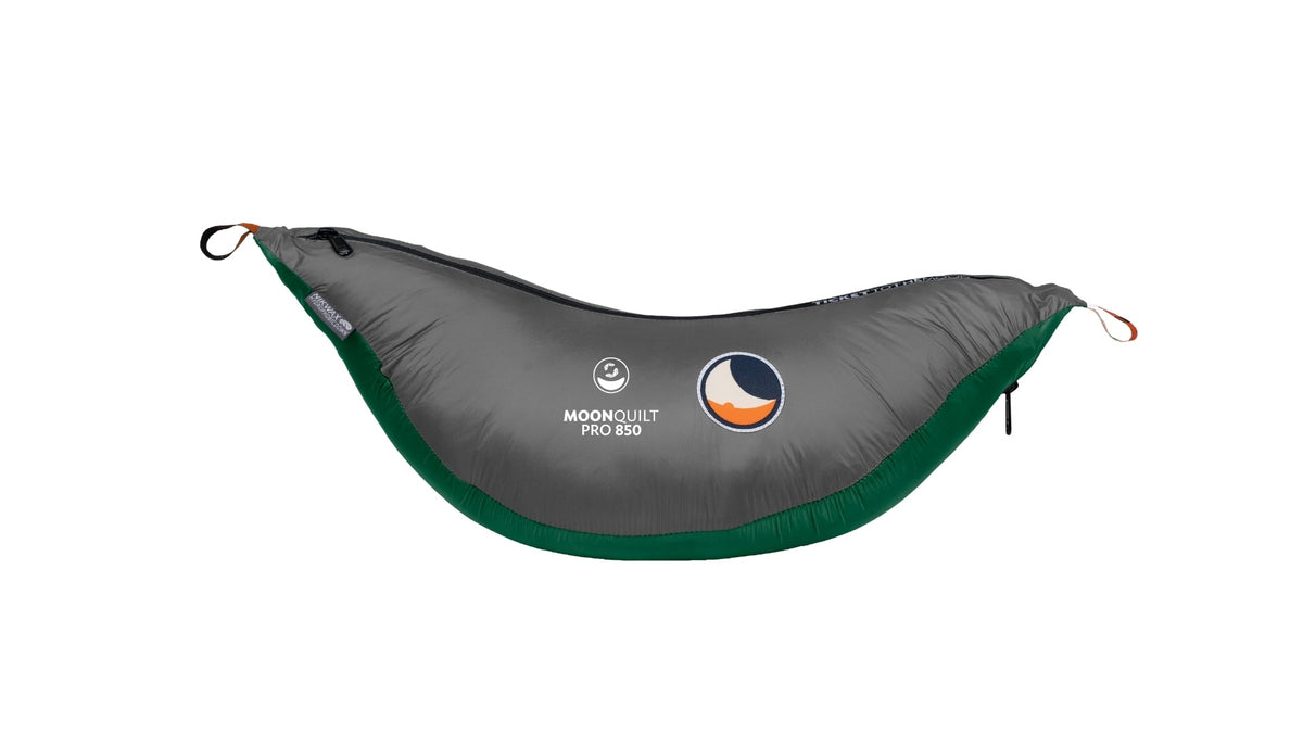 Moonquilt Pro 850 in grey and green, shaped like a hammock underquilt, with Moonquilt Pro 850 print