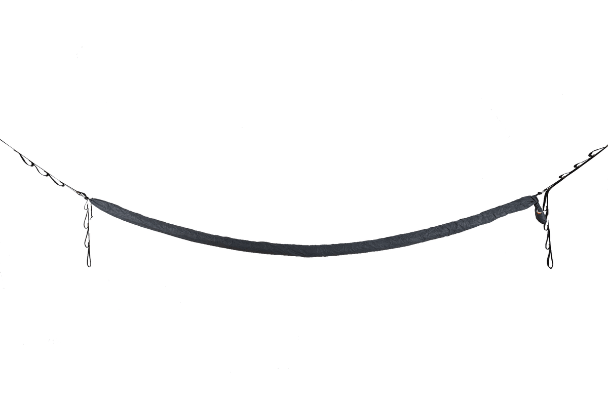 UV-Proof Hammock Sleeve in Dark Grey, closed around a hammock hung between two straps, side view