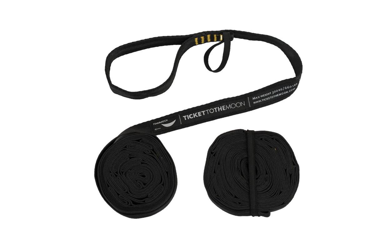 Moon Straps (2-Pack) in black, one loop end shown with printed logo and max weight 300 kg, both straps coiled