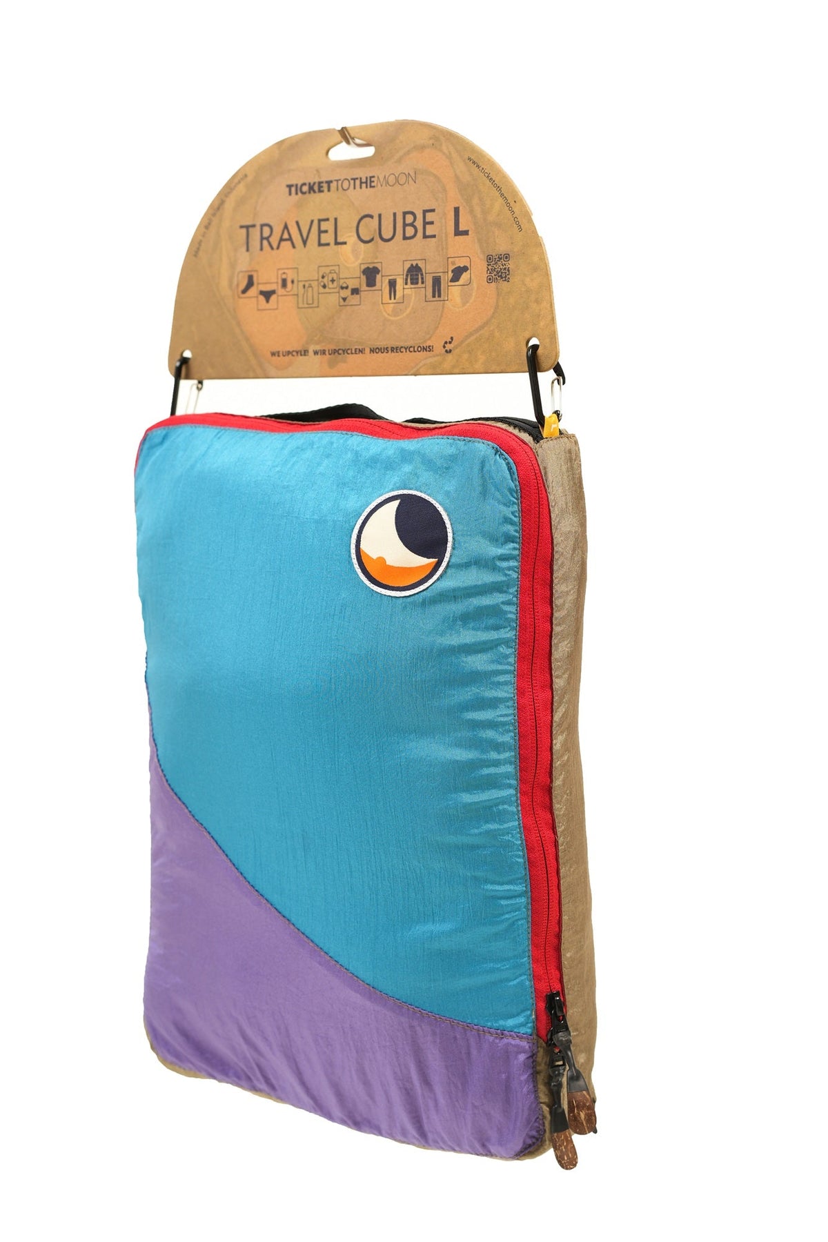 Travel Cube Large (Custom) in turquoise and purple with its Travel Cube L cardboard hanger tag showing packing icons