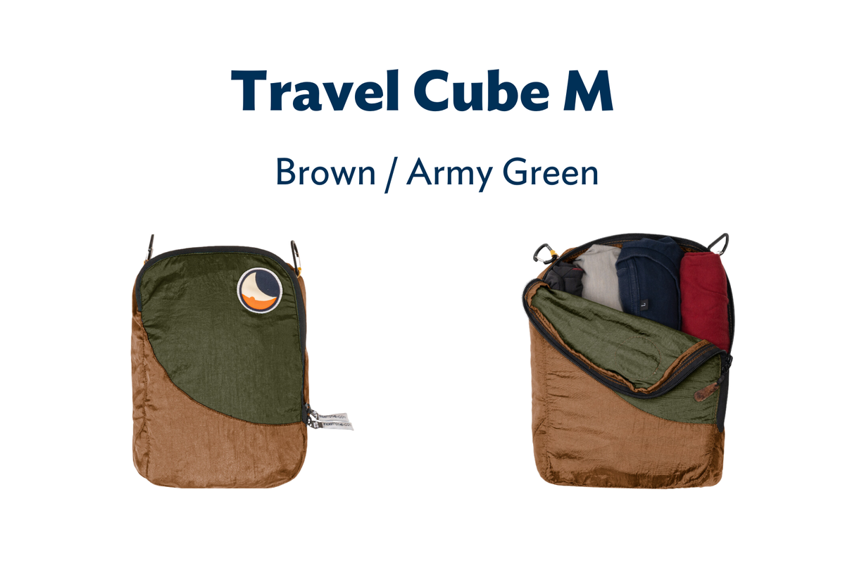 Travel Cube Medium (Custom) in Brown and Army Green, shown closed and unzipped with rolled clothes inside