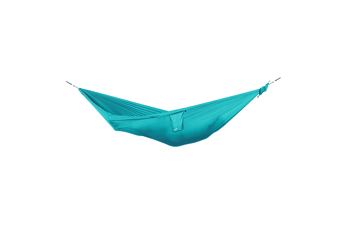 Travel Hammock Compact in turquoise, hung empty, side view