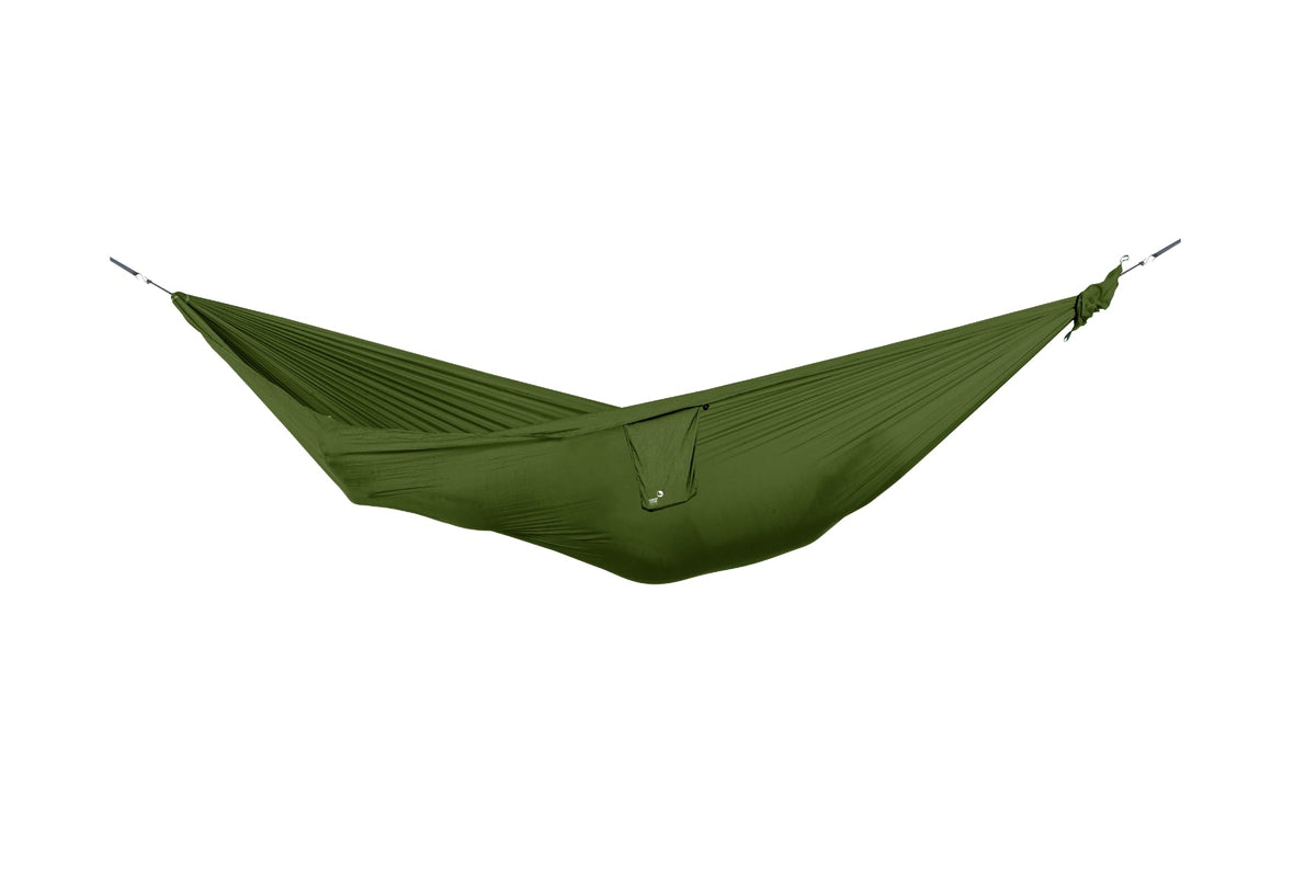 Travel Hammock Compact in army green, hung empty, side view