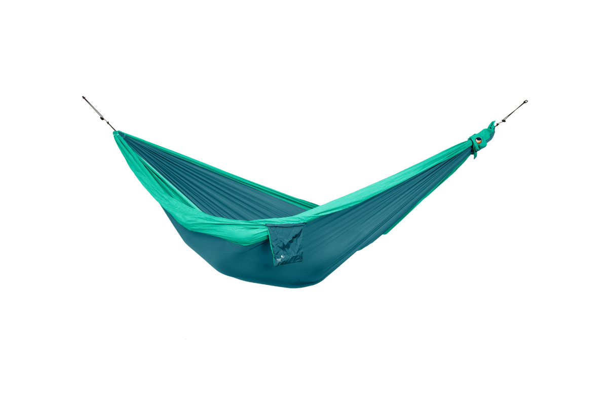 Travel Hammock King Size in Emerald Green and Green, hung empty, side view