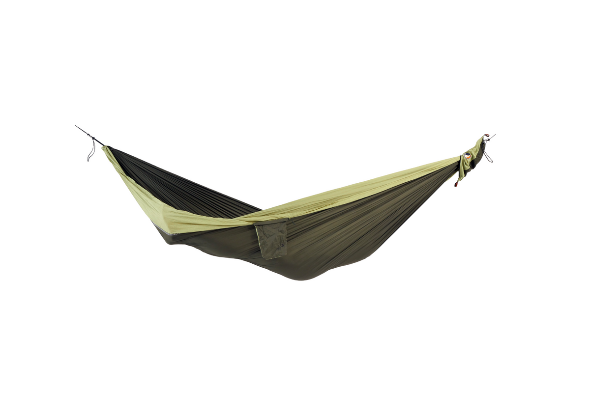 Travel Hammock Original in Army Green and Green Apple, hung empty, side view