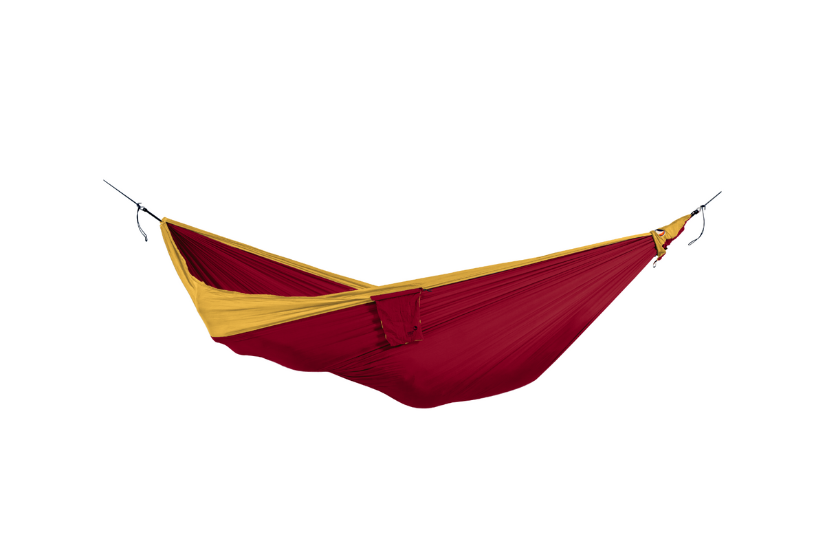 Travel Hammock King Size in Burgundy and Dark Yellow, hung empty, side view
