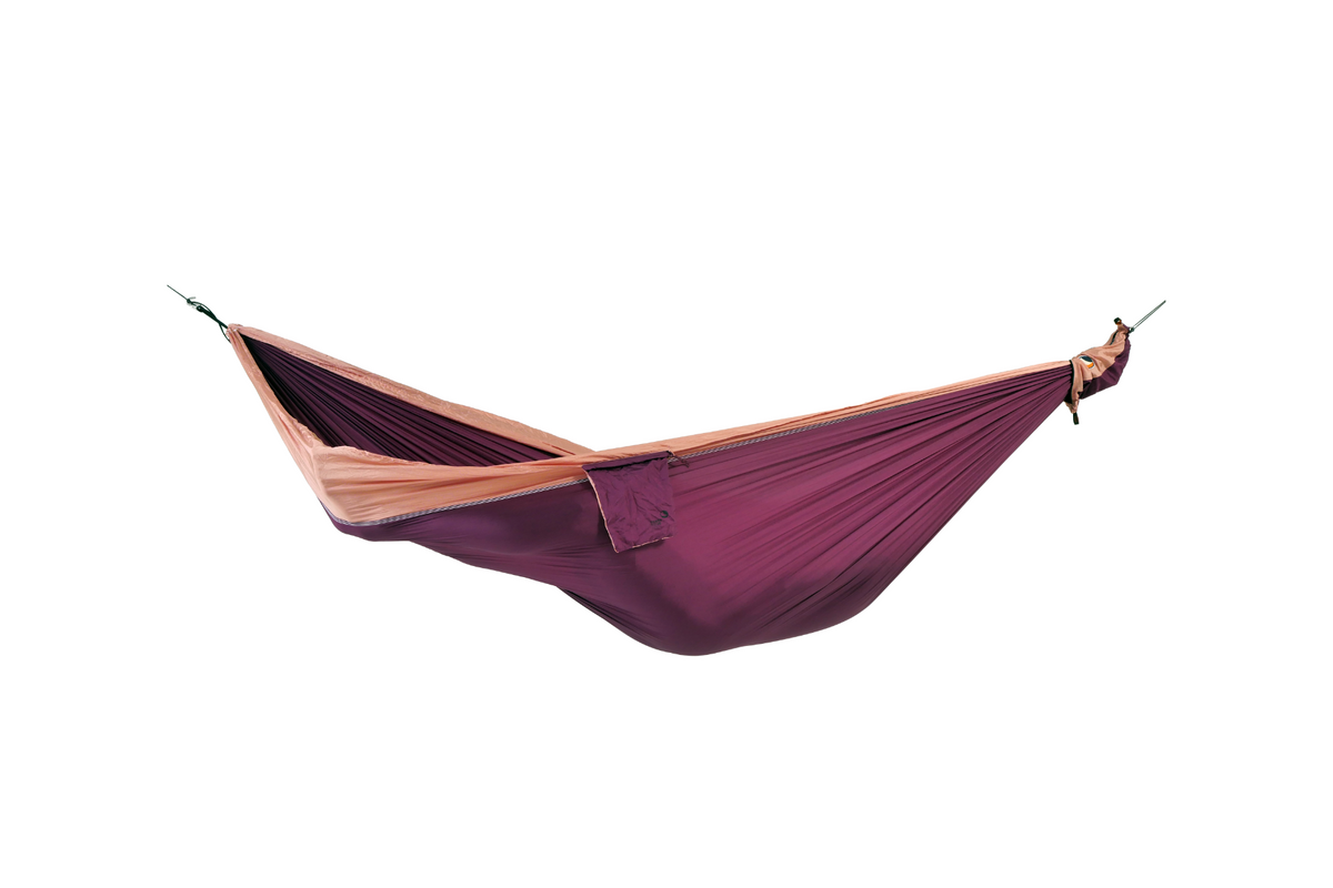 Travel Hammock Original in Plum and Peach, hung empty, side view
