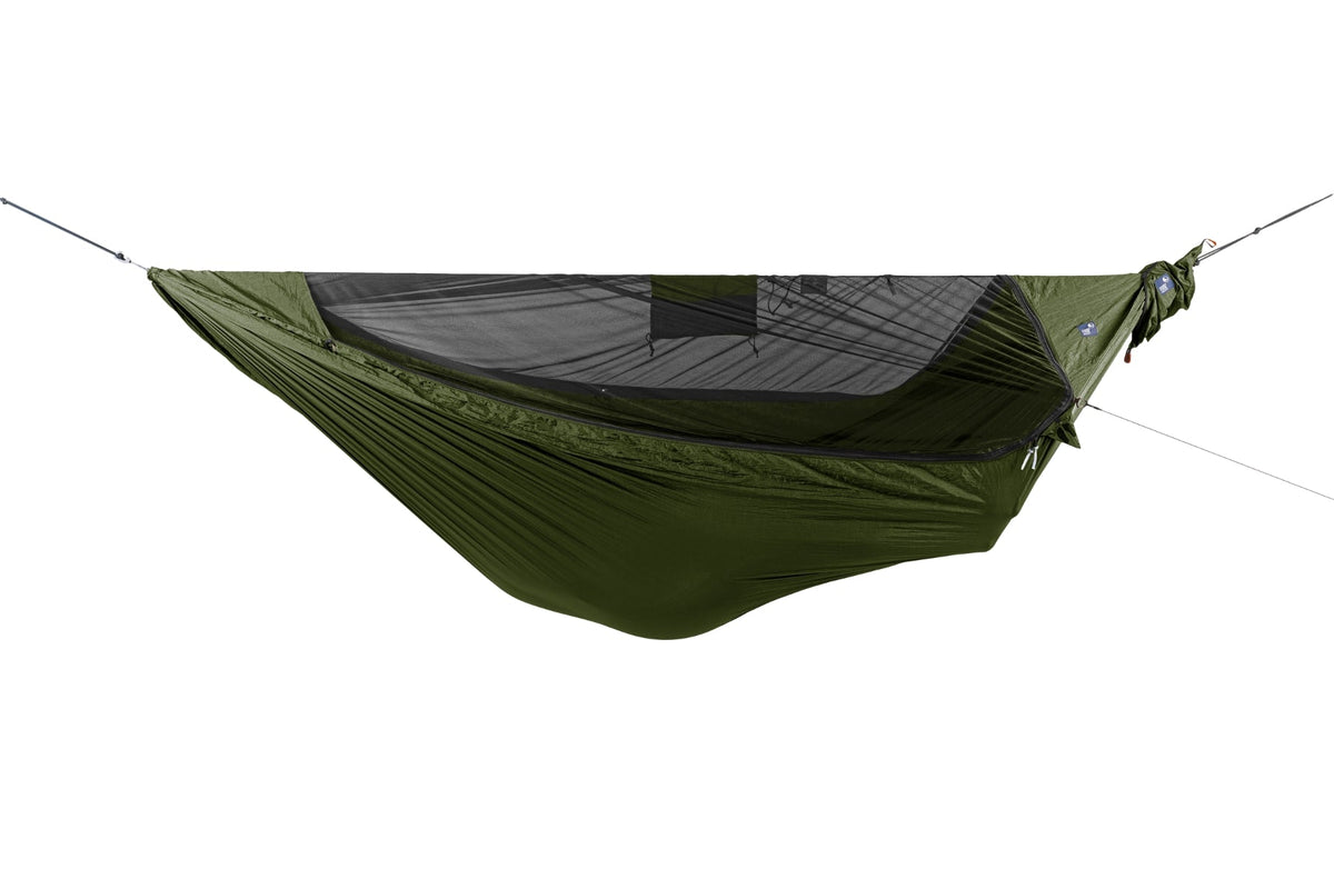 Pro Hammock in army green with built-in mosquito net, hung empty, side view