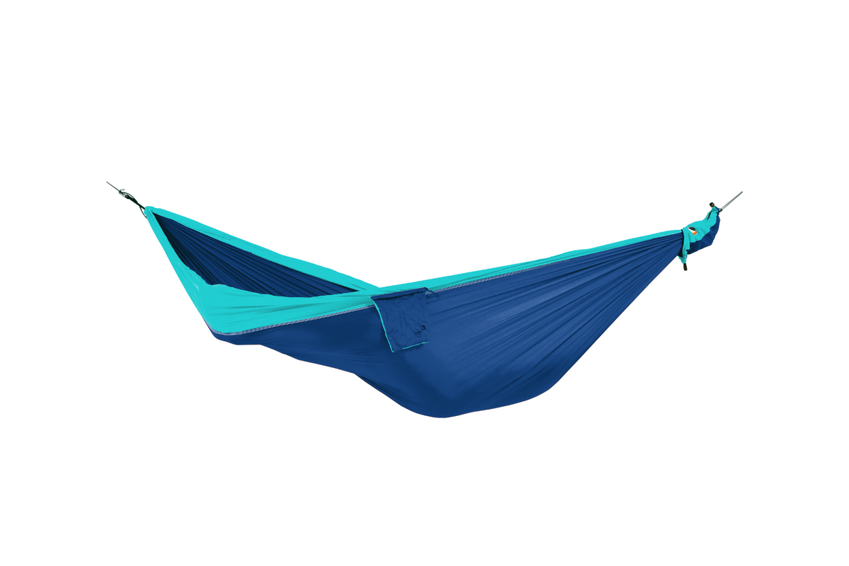 Travel Hammock Original in royal blue and turquoise, hung empty, side view