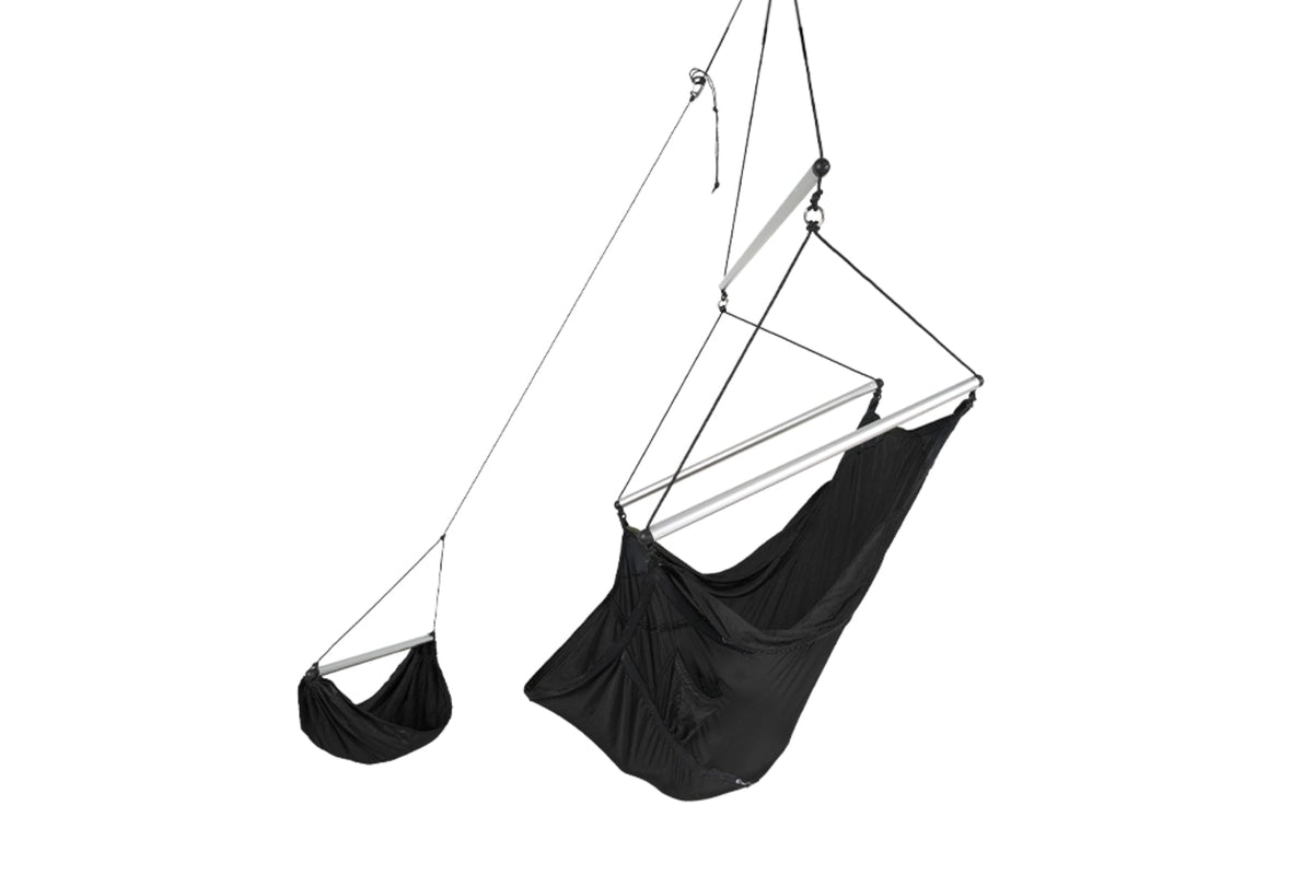Moon Chair in black with spreader bars and hanging footrest, side view