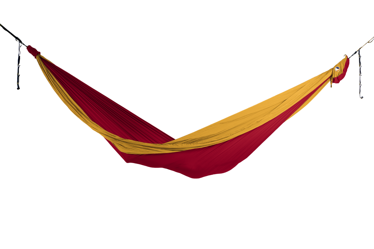 Travel Hammock Honeymoon in Burgundy and Dark Yellow, hung empty, side view
