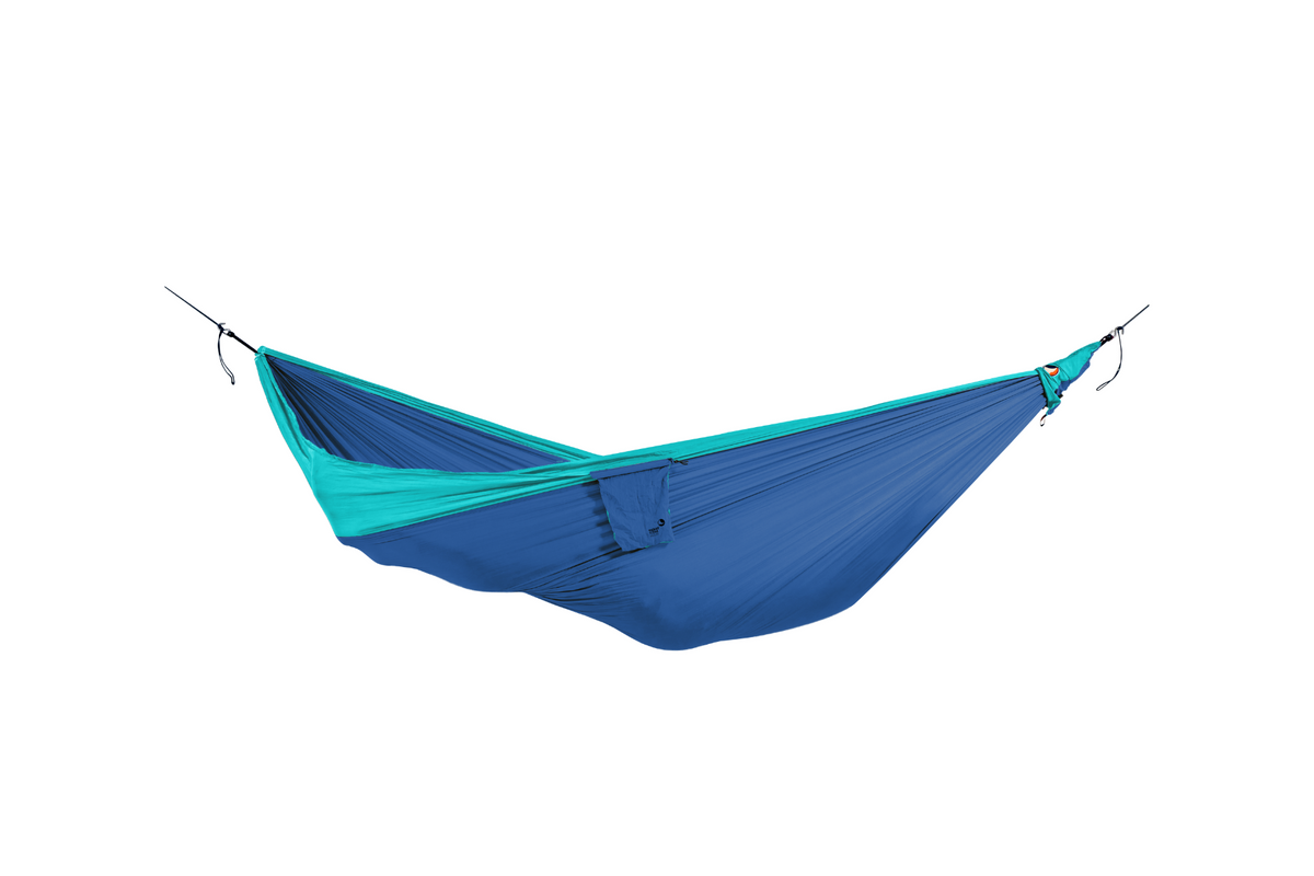 Travel Hammock King Size in Royal Blue and Turquoise, hung empty with its stuff sack attached, side view