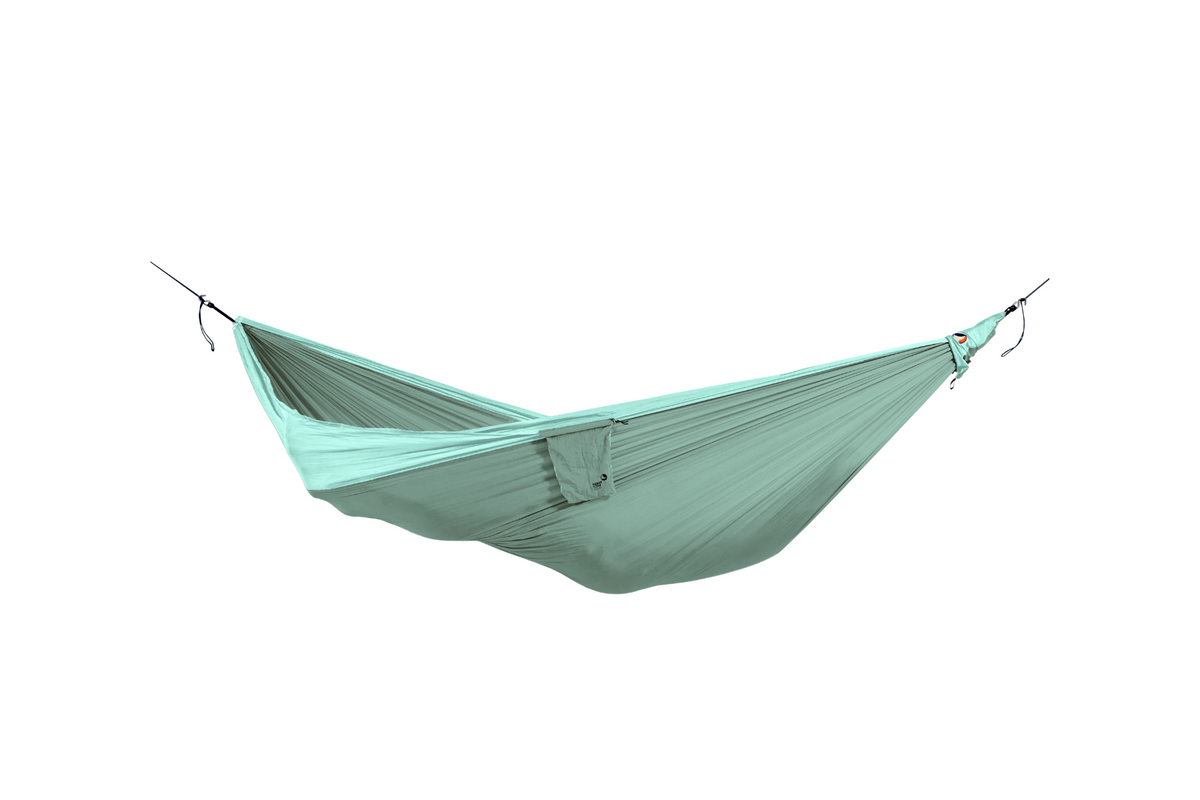 Travel Hammock King Size in Jade Green and Mint, hung empty with its stuff sack attached, side view