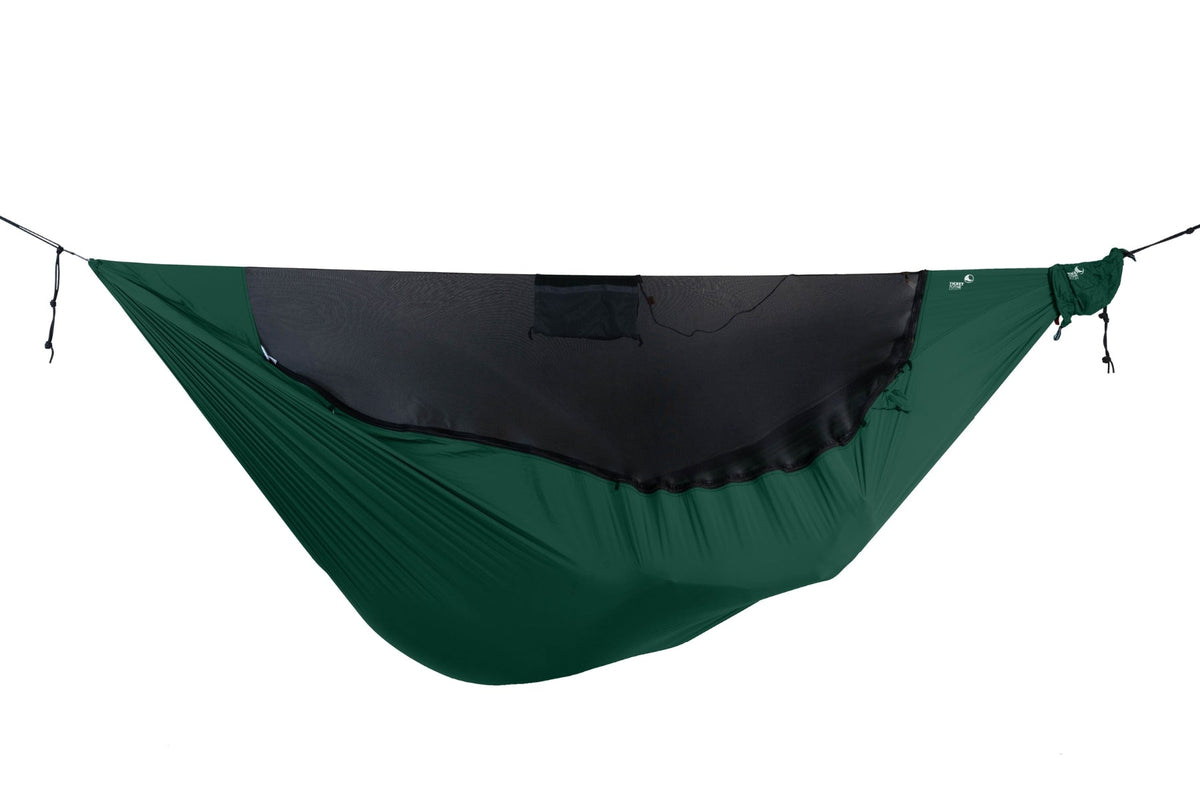 Pro Hammock Lightest in forest green with zipped mosquito net, hung empty, side view