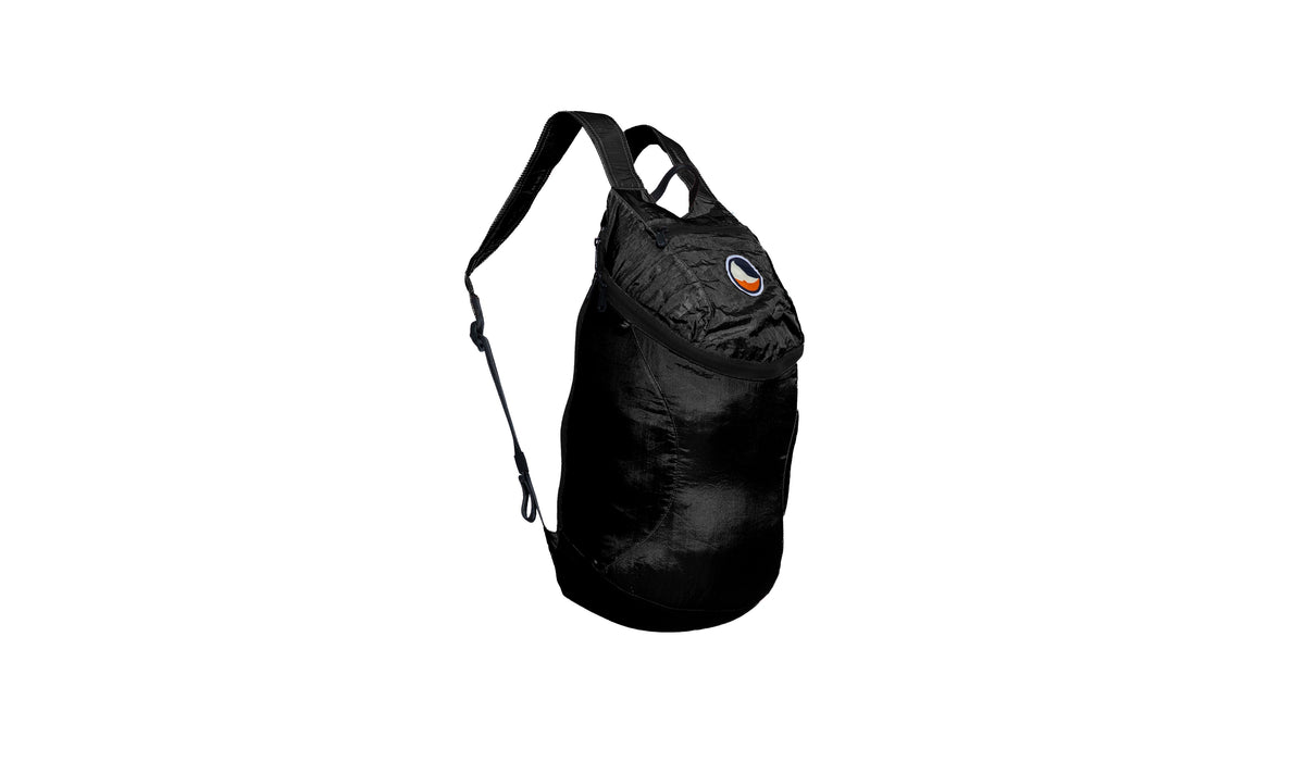 Mini Backpack 15L in Black with a black zip, side view with shoulder strap