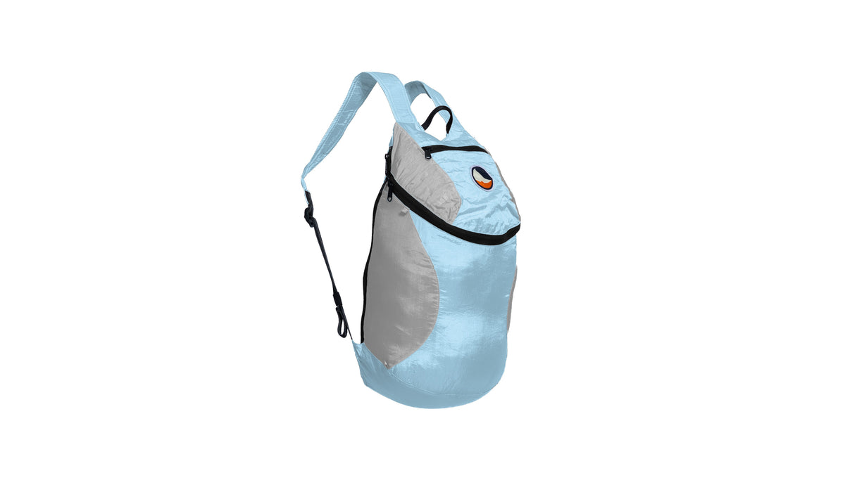 Mini Backpack 15L in Sky Blue and Light Grey with a black zip, side view with shoulder strap