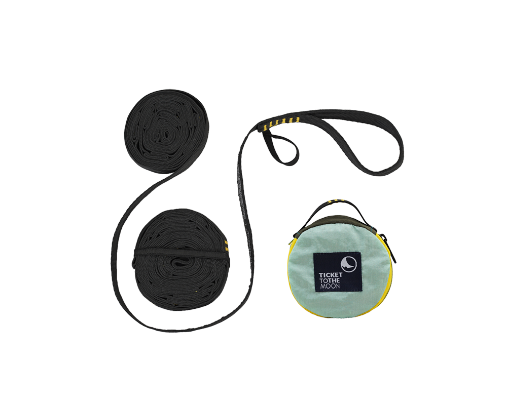 Moon Straps (2-Pack): two coiled black straps with daisy-chain loops and a round mint green storage pouch